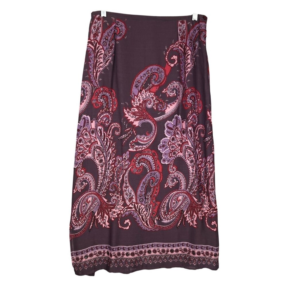 VTG Womens Med Boho Maxi Skirt Paisley Purple Red Beaded Hippie Gypsy Festival